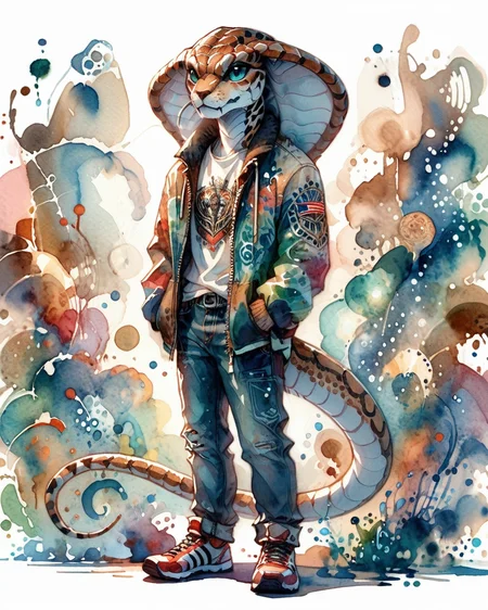 score_9, score_8_up, score_7_up, intricate details, rating_safe,
<lora:SoftWatercolors:1>, SoftWaterColor, 1boy(,
anthro furry, cobra, 
full body, looking at the viewer, solo, friendly expression), detailed background, depth of field, subsurface scattering, 
<lora:ral-chrosc-clr:0.3>, ral-chrosc-clr,
<lora:xl_more_art-full_v1:0.3>,
<lora:add-detail-xl:0.3>