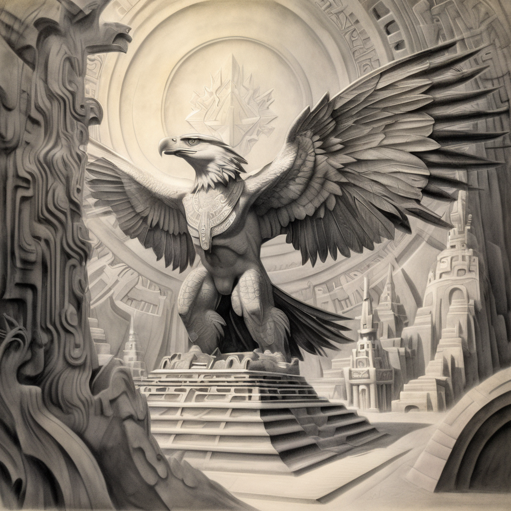 szukalski  divine eagle, temple in the background, pencil drawing, black and white<lora:szukalski:1>