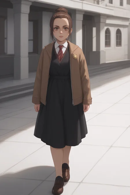 score_9, score_8_up, score_7_up, BREAK source_anime, <lora:gabi braun-PonyXL-lora-Faxtron:0.8> gabi braun, brown eyes, brown hair, single hair bun, black dress, jacket, loafers,