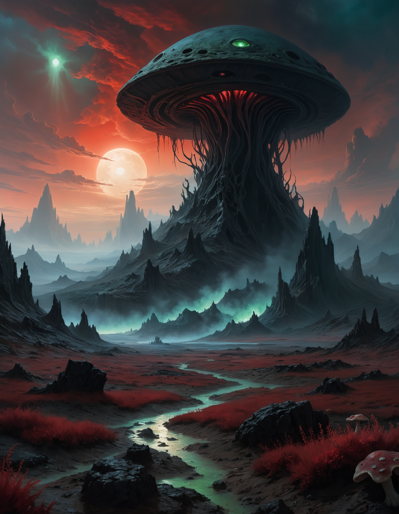 An eerie, alien landscape unlike anything seen on Earth. The glowing, crimson sky is dotted with ominous, looming clouds, casting an unnatural, blood-red light over the barren, rocky terrain below. The ground is a patchwork of strange, otherworldly plants and fungi, some glowing with an eerie blue-green light, while others seem to writhe and twist in the breeze. In the distance, towering mountains rise up from the landscape, their jagged peaks obscured by swirling mists and wisps of steam. The air is thick with an unsettling silence, broken only by the occasional howl of an unidentified creature from deep within the inky shadows. A sense of foreboding and alien creepiness permeates every inch of this foreign planet, as if it's teeming with unspeakable horrors just out of sight.., (Oil painting) (by Jean-François Millet), (by Gustave Courbet) , (by Jules Breton), close up, dark fantasy, <lora:add-detail-xl:2>