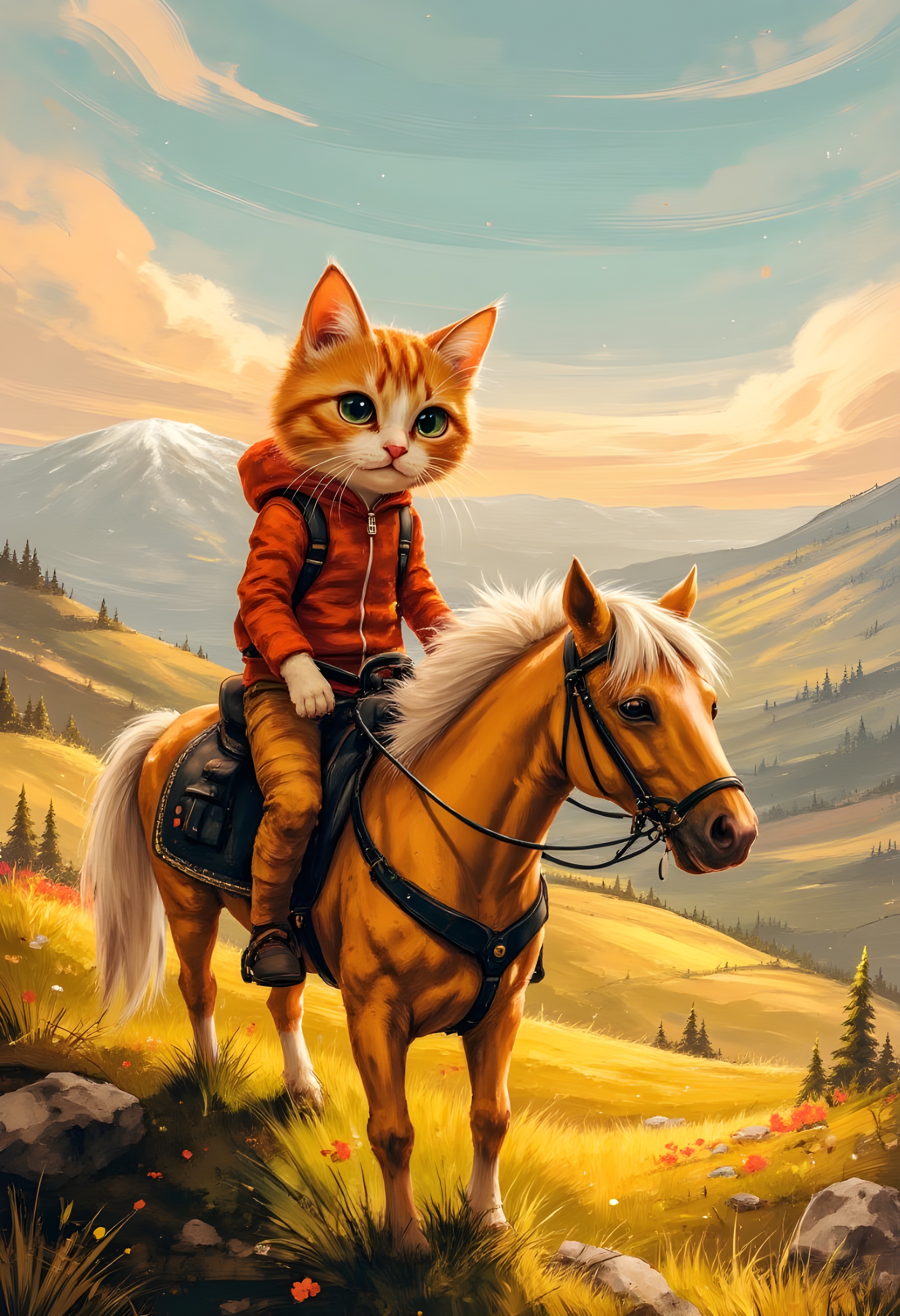 cinna flow, an anthropomorphic cute cat is horse rider, in the style of cinematic montages, dragon art, franciszek starowieyski, yellow and white, john howe, hyper-realistic details, himalayan art. Very detailed, vibrant colors