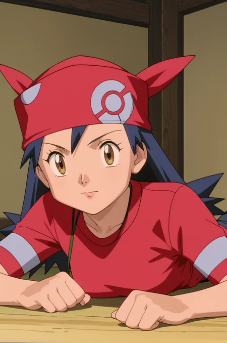 score_9, score_8_up, score_7_up, 1girl, solo, source_anime, anime_screencap, pkmLisa, red bandana, red shirt, brown eyes, <lora:pkmLisa:1>  laying on stomach,