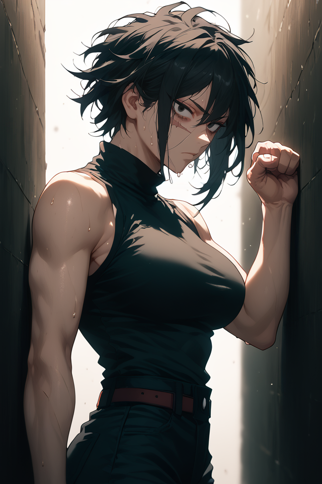 style of boku no hero academia,<lora:Expressive_H-000001>,<lora:modern_anime_screencap_v1_0>,source_anime,score_9,score_8_up,score_7_up,score_6_up,dark theme,dark background,low light,looking at viewer,
1girl,solo,tomboy,adult,tall female,black hair,short hair,bangs,full bangs,(messy hair:0.6),black eyes,pale skin,petite,large breasts,expressionless,sweat,from side,scar across eye,(thick thighs:0.6),clenched hands,half-closed eyes,bags under eyes,sleeveless,black turtleneck sweater,black pants,against wall,