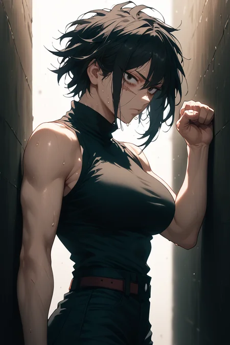 style of boku no hero academia,<lora:Expressive_H-000001>,<lora:modern_anime_screencap_v1_0>,source_anime,score_9,score_8_up,score_7_up,score_6_up,dark theme,dark background,low light,looking at viewer,
1girl,solo,tomboy,adult,tall female,black hair,short hair,bangs,full bangs,(messy hair:0.6),black eyes,pale skin,petite,large breasts,expressionless,sweat,from side,scar across eye,(thick thighs:0.6),clenched hands,half-closed eyes,bags under eyes,sleeveless,black turtleneck sweater,black pants,against wall,