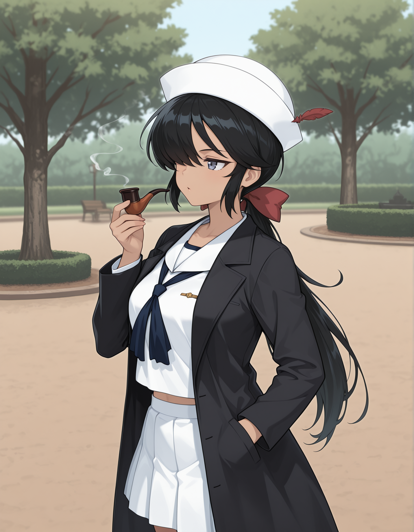 masterpiece, best quality, absurdres, highres,  <lora:ogin illu:1> oginillu, dixie cup hat, hair bow, long sleeves, school uniform, sailor, pleated skirt, white shirt, neckerchief, sailor collar, black coat, open coat, holding,  smoking pipe, solo, park, smoke