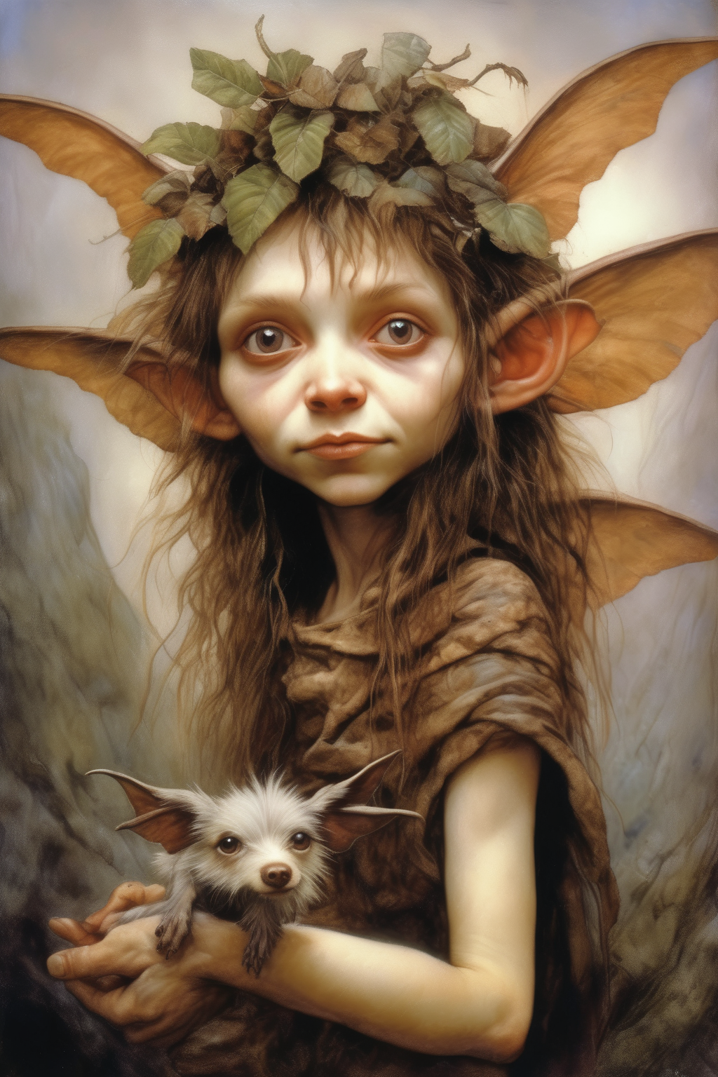 <lora:Wendy Froud Style:1>Wendy Froud Style - a young fae mix breed between a Brownie and a fairy, a hyper-realistic painting