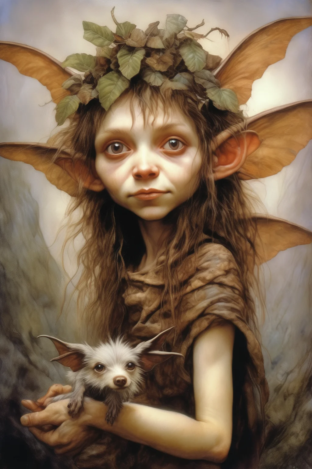 <lora:Wendy Froud Style:1>Wendy Froud Style - a young fae mix breed between a Brownie and a fairy, a hyper-realistic painting