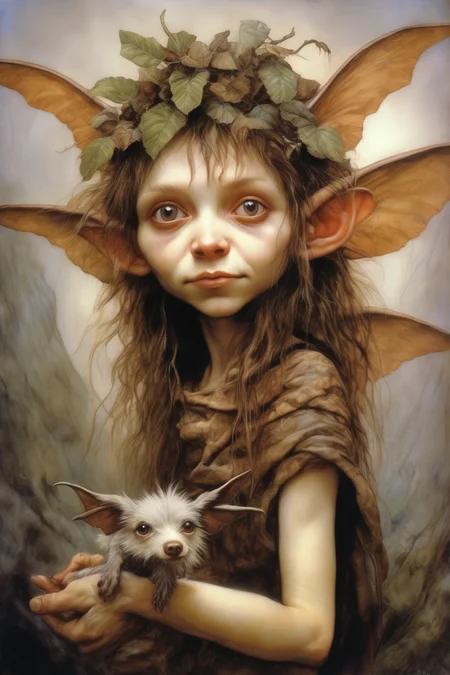 <lora:Wendy Froud Style:1>Wendy Froud Style - a young fae mix breed between a Brownie and a fairy, a hyper-realistic painting