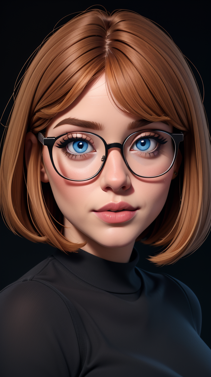 <lora:Vanessa_Harris:1> glasses, chubby, curvy, bbw, light hazelnut hair, bob haircut, blue eyes, full lips, black background, high quality photography