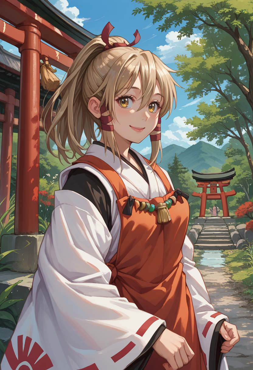 score_9, score_8_up, source_anime, 1girl, solo, Ukanomitama, long hair, high ponytail, hair ribbon, tress ribbon, miko outfit, tribal necklace, ribbon-trimmed sleeves, red apron, outdoors, shrine, temple, smile, <lora:ChamUkaPonyXL:1>