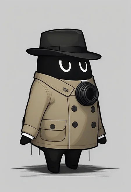 high quality,best quality, beautiful aesthetic, very intricate, high quality details, perfect details, best resolution, extremely detailed background, good_hands, masterpiece, uncensored, Expressiveh, 
 1other, bangboo, solo, simple background, black eyes, half white half black body, long trench coat, no humans, a ink bottle behind it, A pen stood beside it,