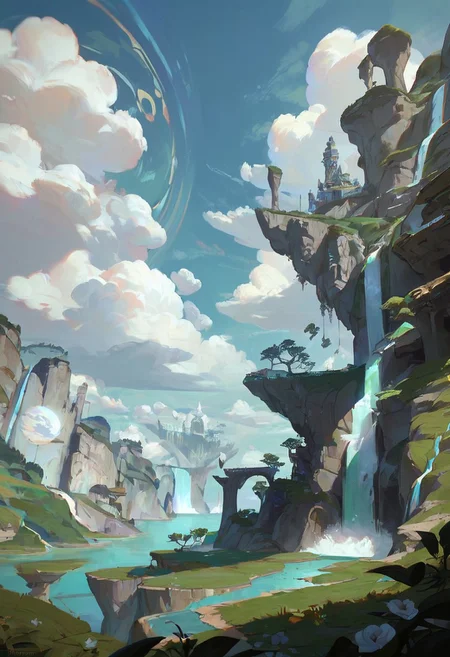 score_9, score_8_up, score_7_up, score_6_up, arkn, detailed drawing, floating island, waterfall, blue sky, thick clouds, sun shining, landscape focus,