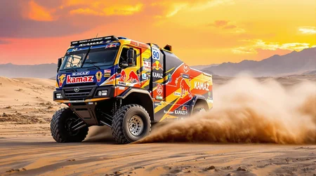 rally truck KAMAZ, poster art, rally truck KAMAZ, number, KAMAZ drive on sand race track