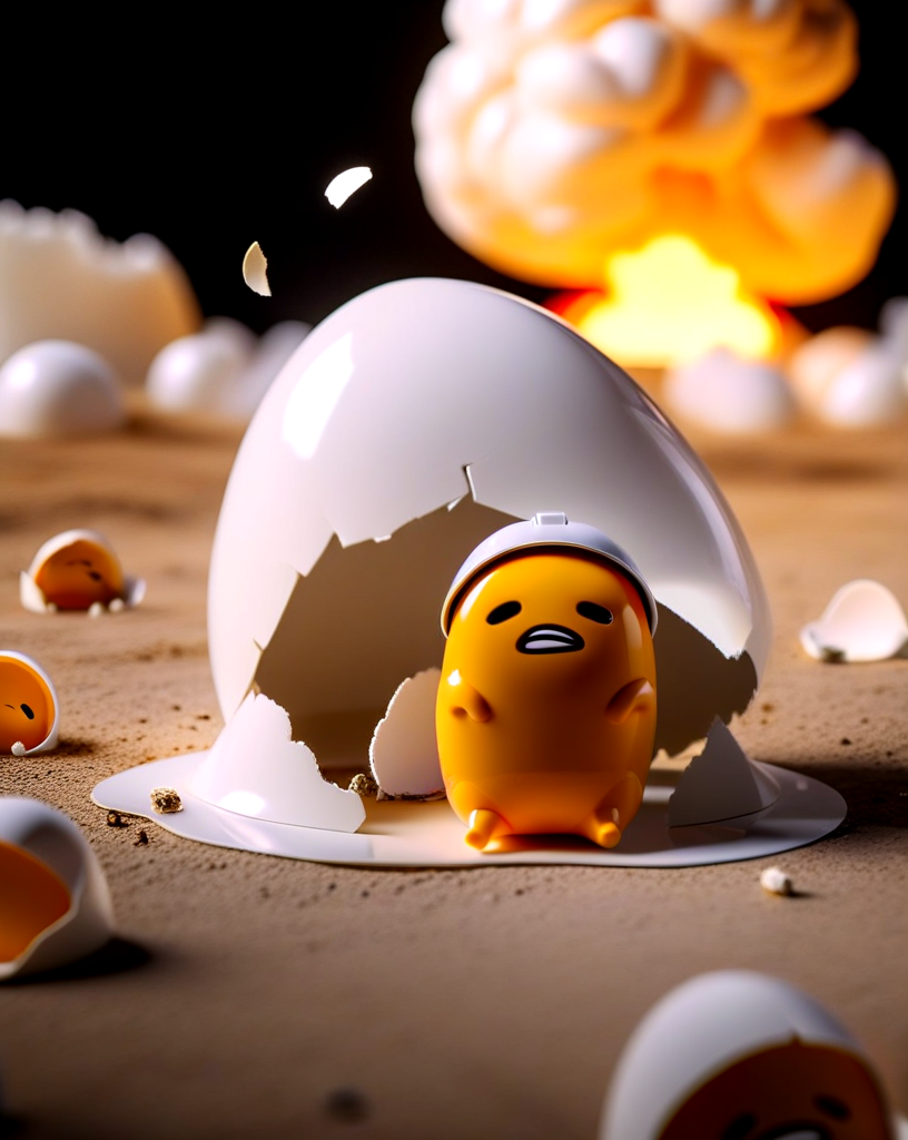 action movie themed, sharp, detailed, epic cinematic photography, artistic, dramatic light, cinematic color style, Kodak film style In Hollywood cinematic style, 
a small gudetama is wearing a small helmet, gudetama is sitting the the lower right forground of the shot in front the a massive cinematic explosion, in the background there is a massive cinematic explosion, egg shells and fire and debris fly through the air,
 <lora:gudetama-sdxl-v1:1> gudetama, <lora:cinematic explosion style v2:1> cinematic explosion style, <lora:RMSDXL_Darkness_Cinema:1>