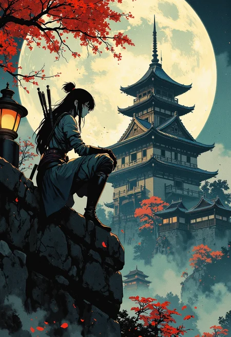 Image is a close up digital fantasy artwork featuring female ninja character squatting high on a japanese castle wall. She has pale skin with black hair. She's wearing a ninja outfit with a ninja mask and katana on her back. In her hands is a bow. The background is of a japanese castle, full moon, laterns, japanese garden.