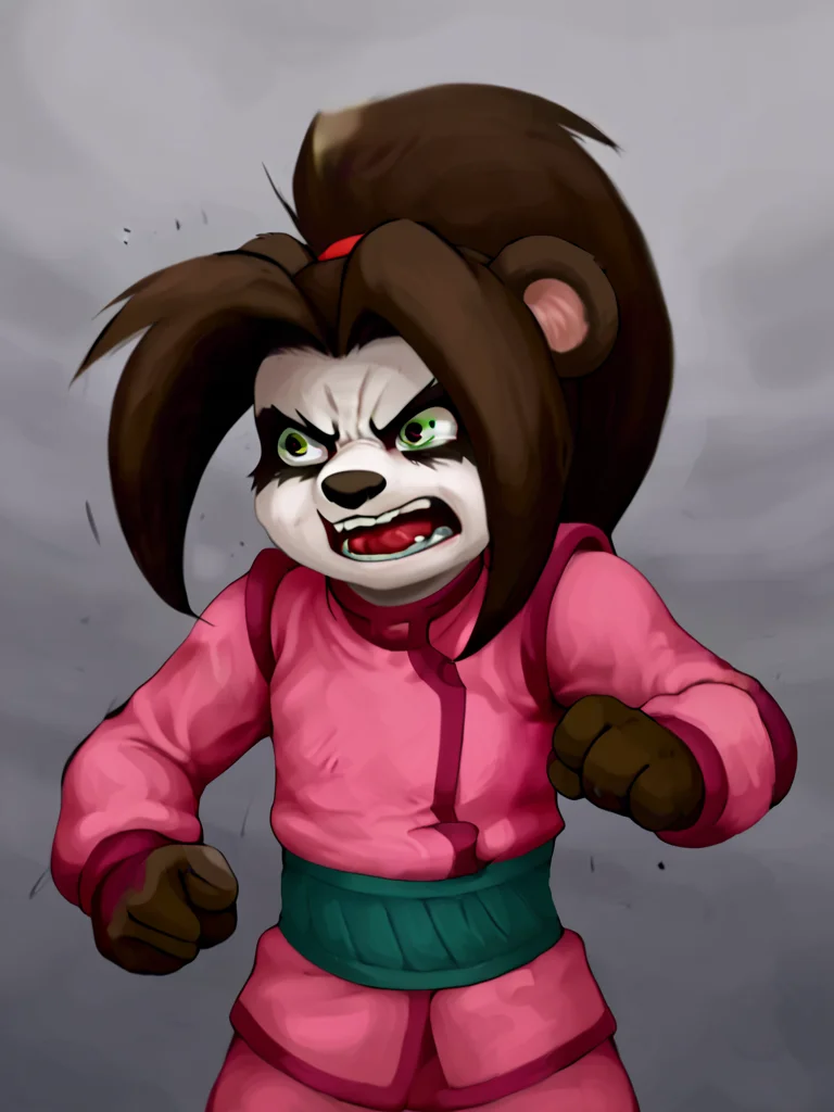 <lora:Li_Li_Stormstoutfinal:1> li li stormsout, panda girl, pandaren, portrait, frontal view, punching,