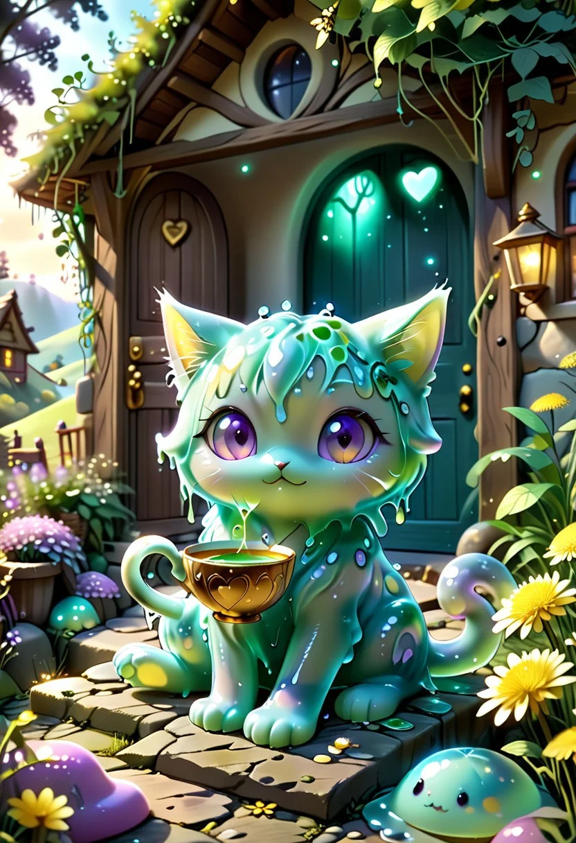 Sl1m3d, masterpiece, highest quality, cute, whimsical,  Adorable purple slime-morph-kitten, sitting on a fantasy cottage doorstep. Large round eyes (golden-green) locked onto viewer, head slightly tilted, ears perked. Soft dawn light, glowing dandelion fluff drifting around. Tiny paw resting on a cracked teacup, whimsical vines framing the scene. Pastel palette: lavender sky, mossy stones, warm wooden door. Heart-melting cuteness, magical-comfy vibes
