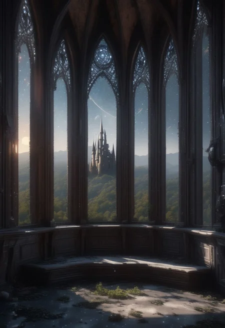 an abandoned Gothic castle with views of extraterrestrial galaxies from the windows. 4k, high-detail hyperrealism, HD quality, high-detail masterpiece. 4k, high-detail hyperrealism, HD quality, high-detail masterpiece