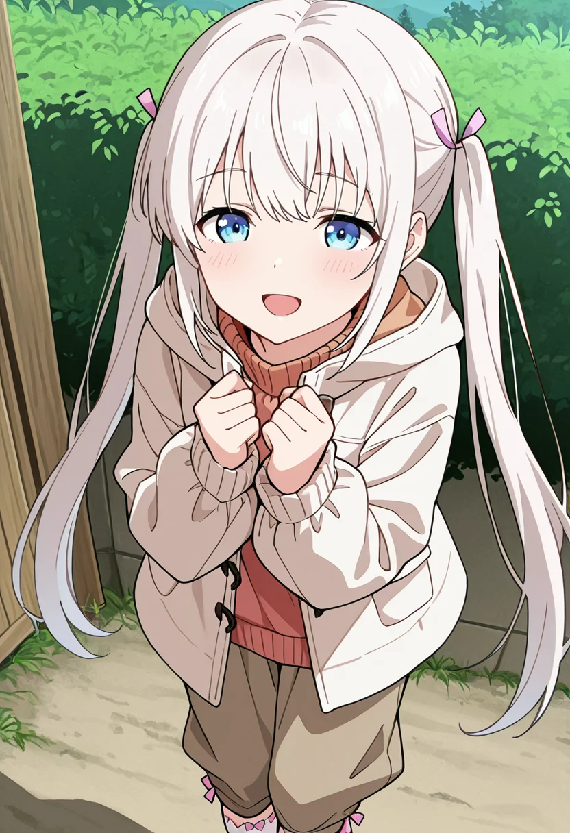 masterpiece,high quality details,
outdoors, 
 <lora:Komako_Semenovich:0.8> komako_cnr, 1girl, white hair, very long hair, twintails, blue eyes,sidelocks, hair ribbon,, excited,guilt,, pullover,coat ,jogger pants,  ,bow legwear socks,