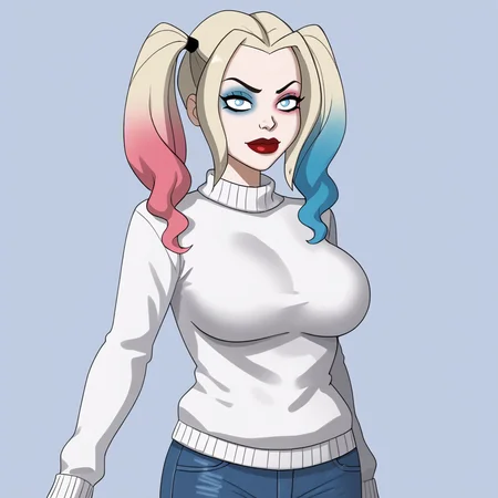 <lora:harleyquinncartoon_pony_v1:.9> HarleyQuinnCartoon, 1girl, solo, twintails, makeup, blue eyes, large breasts, lipstick, eyeshadow, blue blonde pink multicolored gradient hair, red lips, pale skin, cowboy shot, sweater, jeans