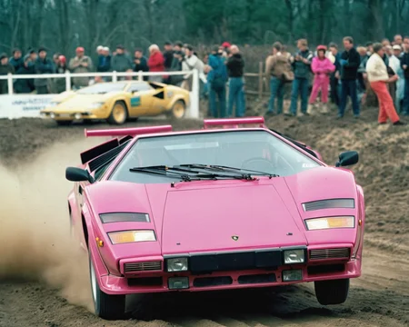 analog film photo car rally magazine photograph of a pink lamborghini countach (((rally car))) jumping, big air time, rally jump, action motion blur dust LP5000 <lora:add-detail-xl:2> <lora:LP5000-SDXL-V1.2:1>, (big offroad lights at the roof:1.2), hella flood lights, searchlights on roof, . faded film, desaturated, 35mm photo, grainy, vignette, vintage, Kodachrome, Lomography, stained, highly detailed, found footage