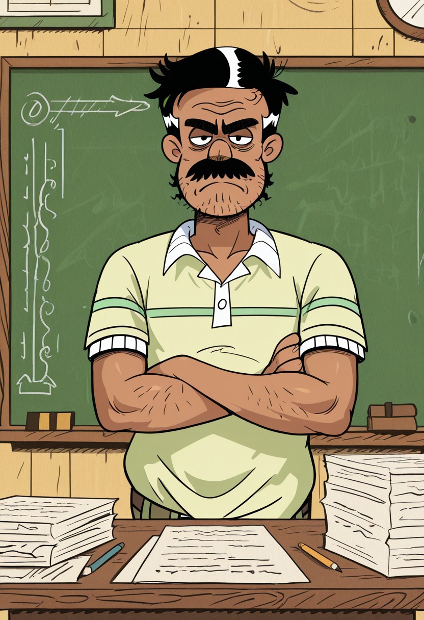masterpiece, best quality, amazing quality, very aesthetic, absurdres, newest,  high quality, detailed, Bolhofner, 1boy, male, solo male, human, mature male, black eyes, short black hair, mustache, stubble, tan skin, thick eyebrows, scruffy, facial hair, green shirt, indoors, classroom, looking at viewer, grumpy expression, half lidded eyes, broad shoulders, arms crossed, standing, half body, volumetric lighting, chalkboard, desk, papers on desk
