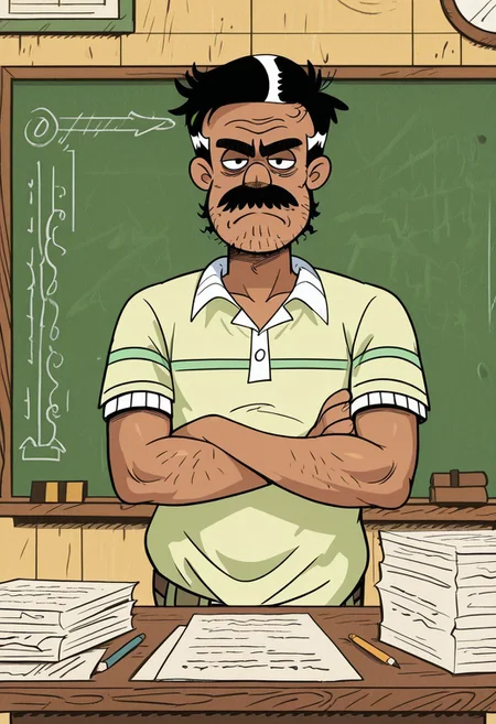masterpiece, best quality, amazing quality, very aesthetic, absurdres, newest, high quality, detailed, Bolhofner, 1boy, male, solo male, human, mature male, black eyes, short black hair, mustache, stubble, tan skin, thick eyebrows, scruffy, facial hair, green shirt, indoors, classroom, looking at viewer, grumpy expression, half lidded eyes, broad shoulders, arms crossed, standing, half body, volumetric lighting, chalkboard, desk, papers on desk