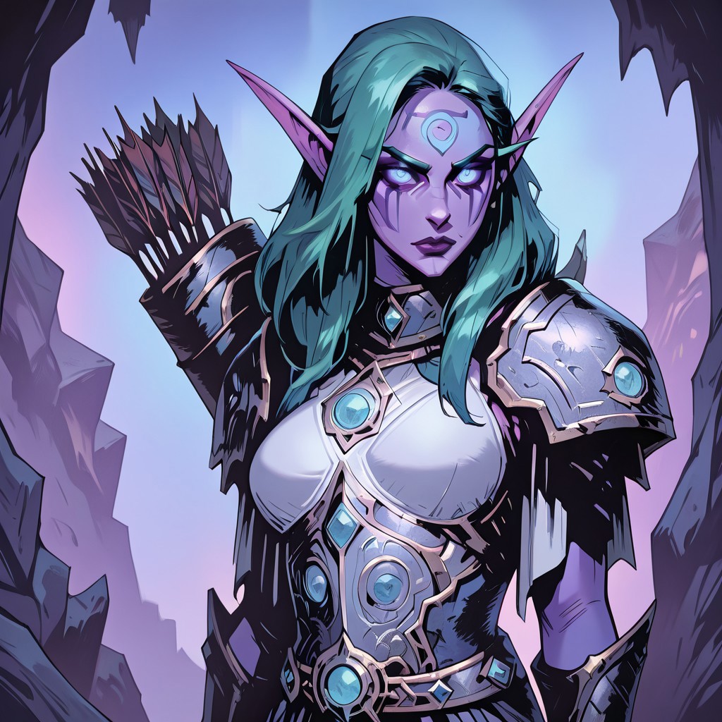 masterpiece, best quality, newest, absurdres, highres, 
TTCSV1.0,
1girl, NEPACK-Tyr-V1.1, night elf, green hair, glowing eyes, elf, pointy ears, long hair, colored skin, purple skin, armor, quiver, facial mark, colored sclera, blue eyes,