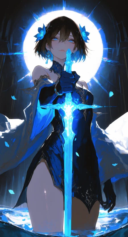 masterpiece, best quality, good quality, very awa, very aesthetic, absurdres, newest, 1girl, solo,short hair, blue eyes, brown hair, black hair, hair ornament, gloves, dress, hair between eyes, closed mouth, jewelry, bare shoulders,earrings, detached sleeves, black gloves, elbow gloves, blue hair flower, wide sleeves, blue gloves,thighs, standing, Holding sword in one hand, glowing,
the tip of the sword is pointing to the ground,
falling petals, water, Sword of Justice, looking at viewer, cowboy shot, low view,Vanishing Point, Light beam background,
backlighting, (mzet:0.8),96yottea, <lora:ponyv6_noobV1_2_adamW-000017:0.7> <lora:USNR_STYLE_XL_lokr:0.45> <lora:EtherSDXL:0.15> <lora:745cmSDXLvpred75S:0.45>