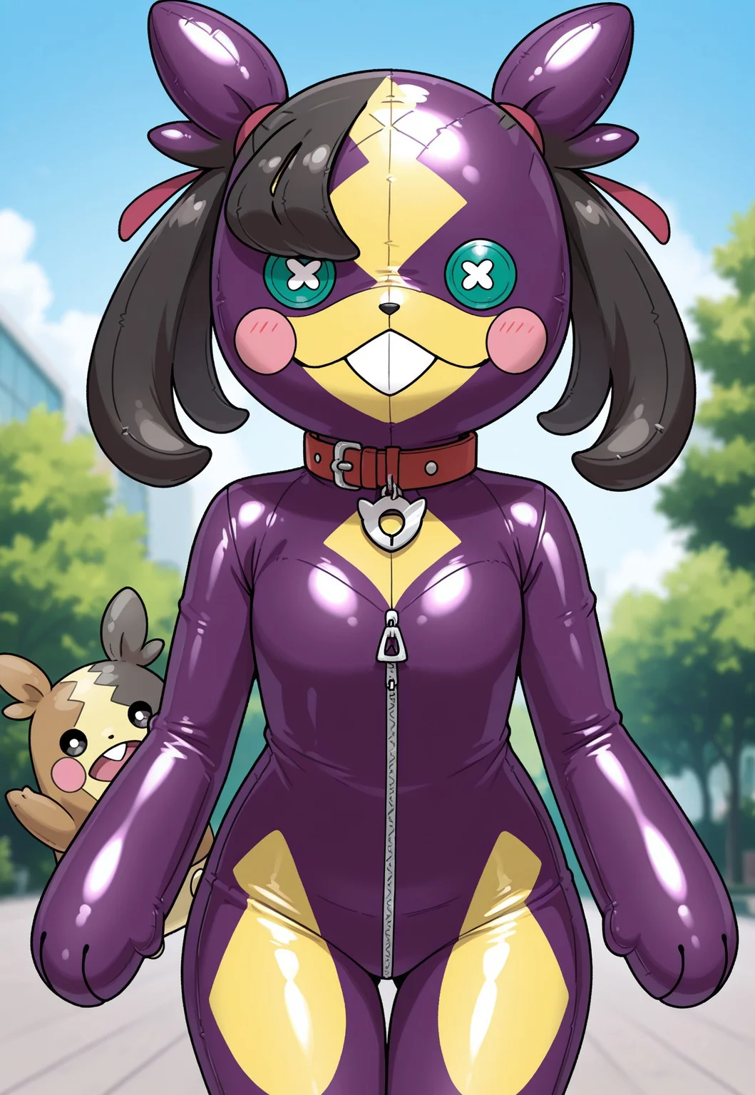  masterpiece, high quality, score_9, score_8_up, score_7_up, solo,1girl, shiny, marnie (pokemon), black hair, hair ribbon, asymmetrical bangs,medium hair, asymmetrical hair, twintails, purple, yellow, multicolored latex skin, living inflatable, bylivinginflatable, animate inanimate, living plushie, collar, zipper, public background, outdoors, [grey bag over head::0.1], , morpeko \(full\), pokemon \(creature\), mask,(aqua button eyes):1.25), cosplay, covered face, padlock, animal collar, covered neck, buck teeth, blush stickers, stitch mouth