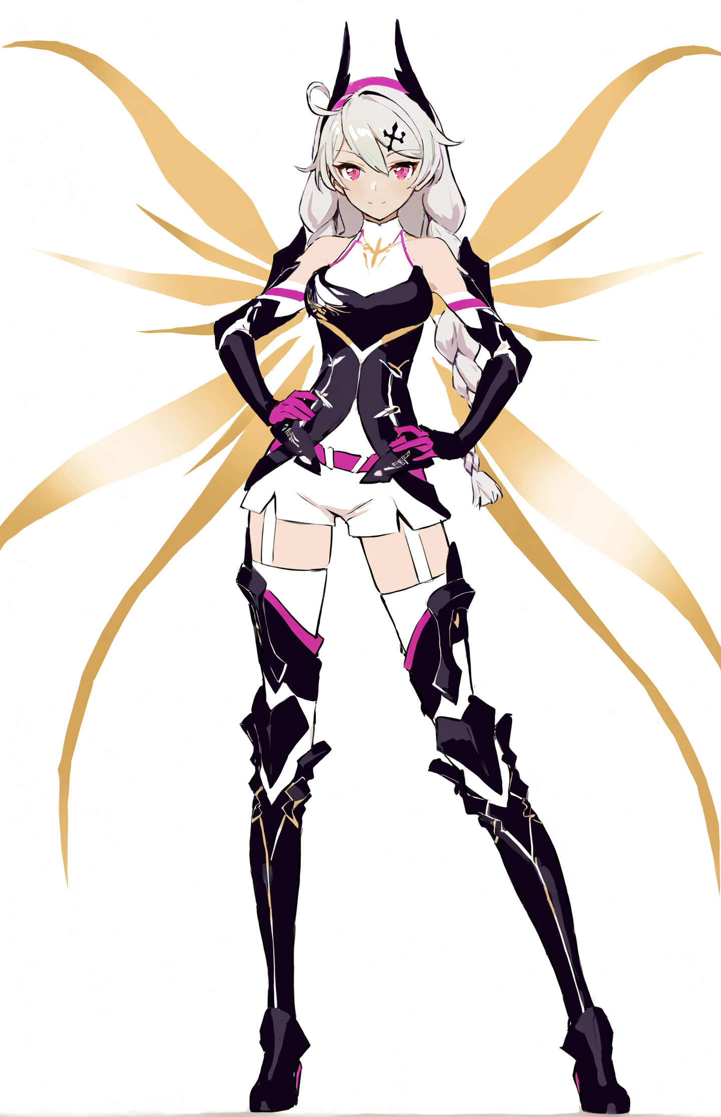 score_9, score_8_up, score_7_up, score_6_up, 8k, best quality, masterpiece, (ultra-detailed:1.1), (high detailed skin), 
(full body), (white background:1.1), standing, looking at viewer, (solo), hand on hip, 
<lora:kiana-young-kohaku-Tanger-000011:0.8>, kiana kaslana, dark yueguang, 4th clothes, 1girl, gloves, long hair, boots, thighhighs, energy wings, black footwear, hair ornament, braid, bangs, thigh boots, 
(beautiful_face), ((intricate_detail)), clear face, 
((finely_detailed)), fine_fabric_emphasis, 
((glossy)), full_shot,