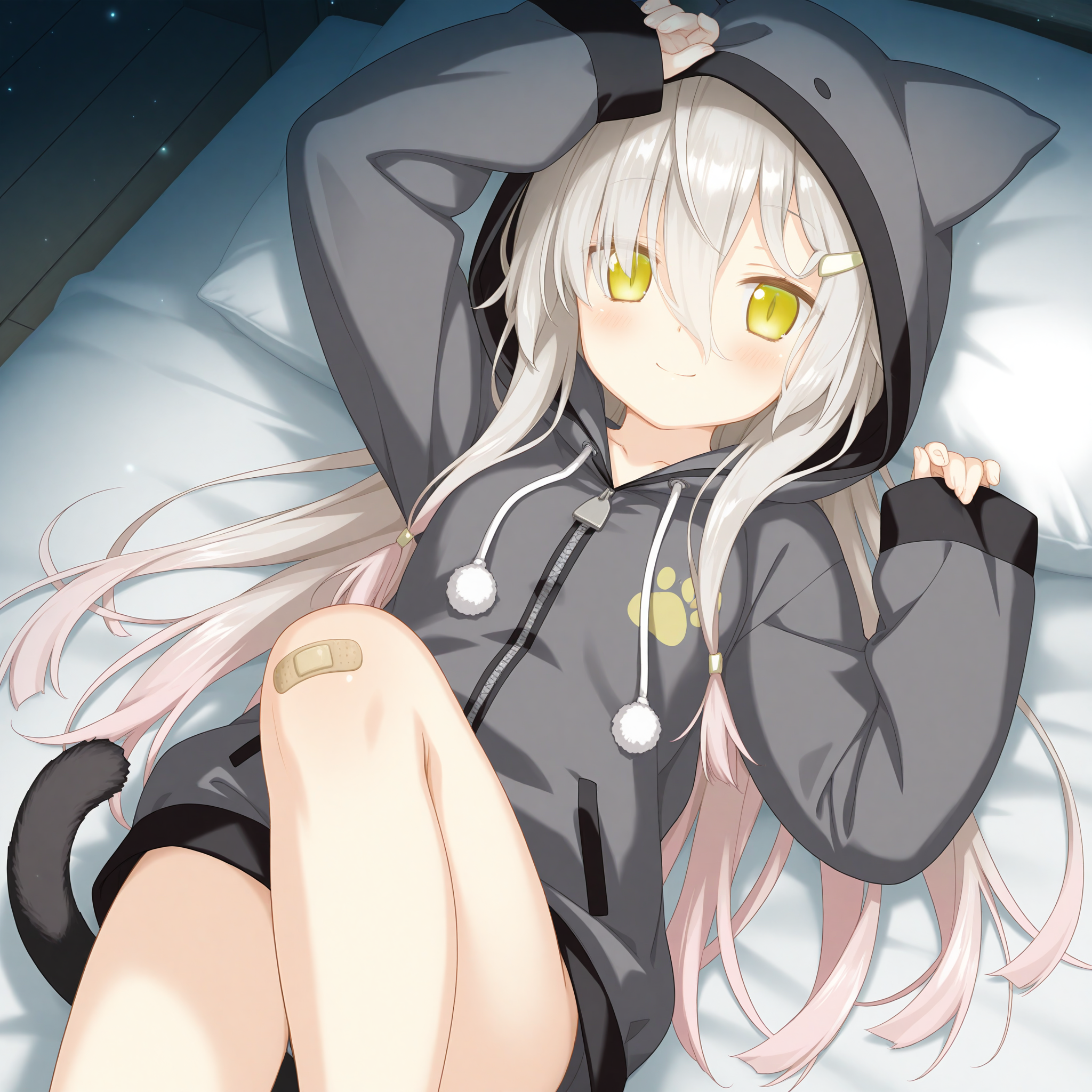 <lora:Kuro_1_nai-000045:1>,official art,Kuro,hair ornament,
cat girl,animal ears,cat tail,cat ears,
dark grey pajamas,barefoot,animal hood,bandaid,bandaid on leg,long sleeves,cat hood,dark grey hoodie,bandaid on knee,hooded jacket,animal ears,fake animal ears,drawstring,bare legs,
1girl,solo,smile,on bed,lying,on back,front view,looking at viewer,arm above head,straight-on,knee up,