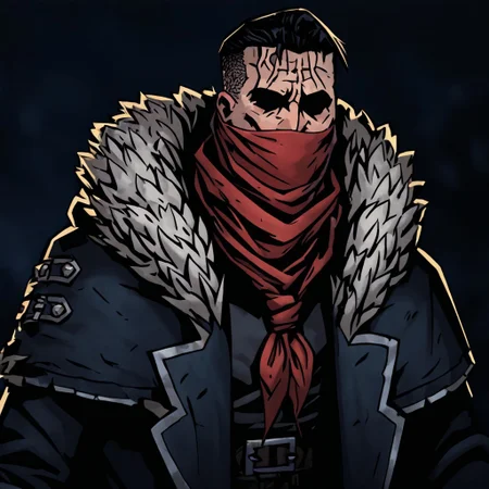masterpiece, best quality, newest, absurdres, highres, DDstyle, official style, black eyes, shaded eyes, 1boy, DDDismas-V1.1, bandana, scarf, red bandama, fur trim,