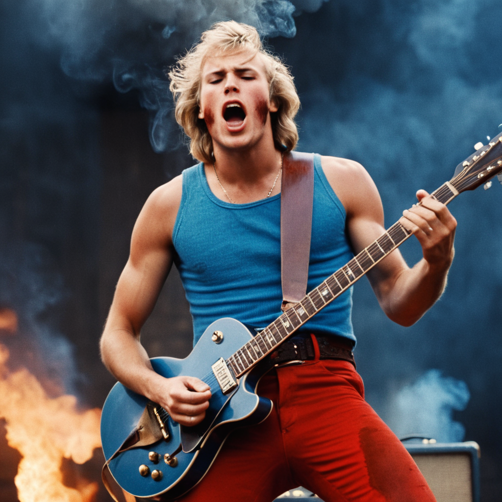 cinematic film still of  <lora:1970's style:1>
From below, In the 1970's a man in red pants holding a guitar,solo,open mouth,blue eyes,blonde hair,brown hair,1boy,navel,male focus,midriff,belt,torn clothes,blood,tank top,instrument,injury,music,guitar,torn shirt,electric guitar , realistic,realism, detailed, smoke, perfection,perfect,filmic,retro,vintage,classic,different haircut,different look,different style,different people, 1970's style , 1970 style, shallow depth of field, vignette, highly detailed, high budget, bokeh, cinemascope, moody, epic, gorgeous, film grain, grainy