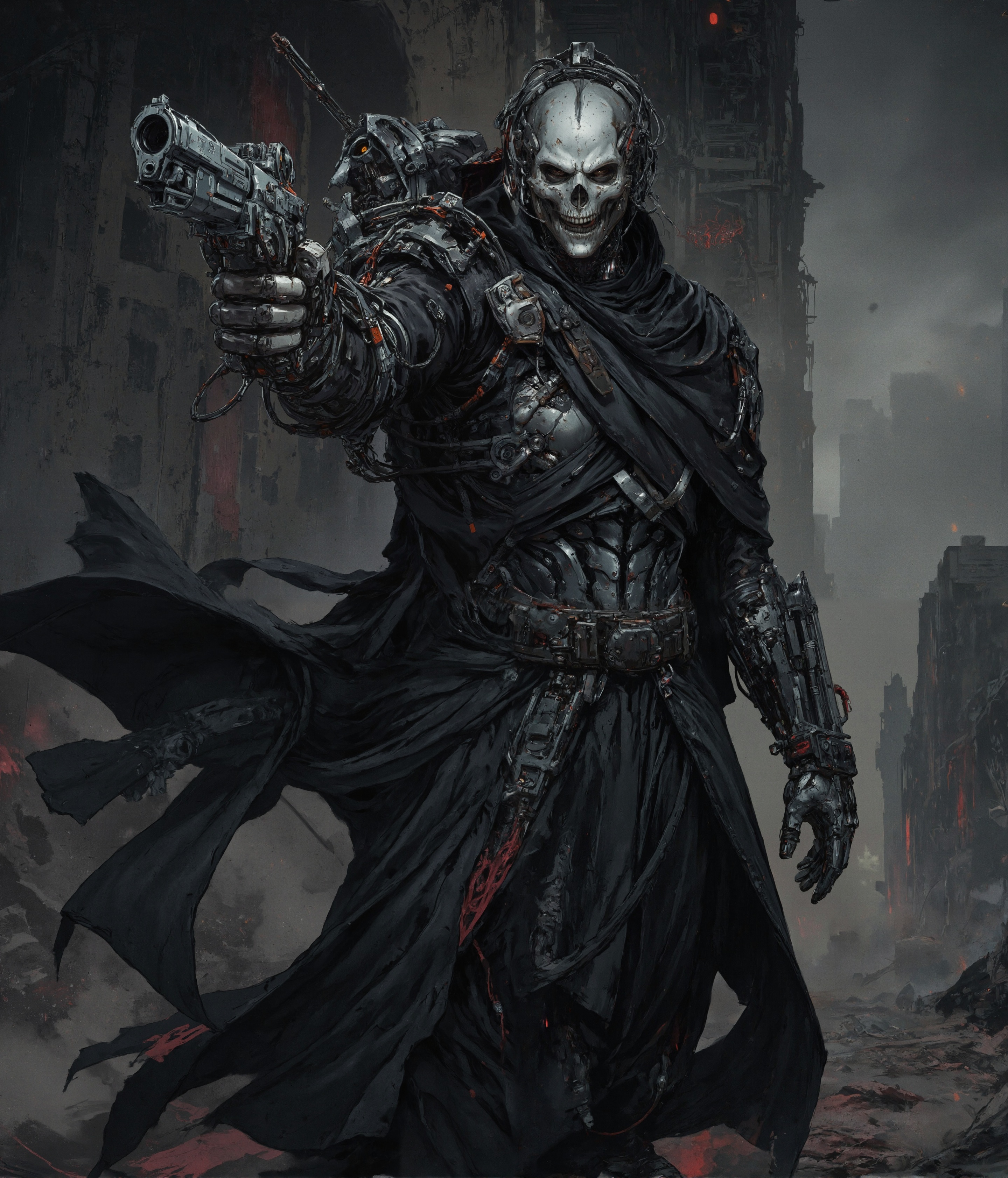 Create an image of a cybernetic humanoid assassin in a dark, dystopian setting. The figure should have a metallic skull with intricate mechanical details and a partially human-like appearance. It should be dressed in a long, black leather coat adorned with various cybernetic enhancements and accessories. (((The assassin is holding a futuristic pistol, aiming it with a cold, calculating expression at the camera))). The background should be dimly lit, emphasizing the assassin's menacing presence and highlighting the metallic and leather textures. The overall mood should be intense and foreboding, capturing the essence of a high-tech, dystopian world. (((detailed post-apocalyptic city background.)))