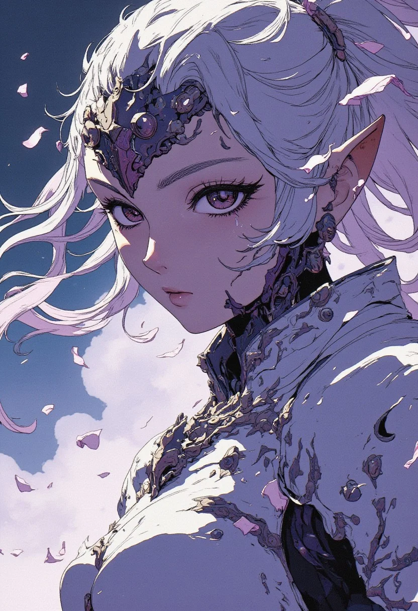 Anime, Motion lines, Action Scene, floating particles, Atmospheric haze, foggy atmosphere, high quality anime shot of a woman wearing an intricate FredFraiStyle inspired shiny Brand new synthetic White and vibrant thin dark intricate designed armor with high collar, Highly detailed close-up action scene of a knightess in intricately patterned armor. Long billowing hair, The focus is on the knightess ethereal eerie helmet, showcasing intricate designed lines that are emitting light streams, a vibrant black blur of light that trails with the swift motion, capturing the dynamic speed of the fighter. The scene is set in a misty, fog-filled night with a vibrant pastel color palette. Deep blacks, The background is hazy Metropolis, while motion streaks and dynamic lighting enhance the sense of speed and intensity, with the knight’s glow piercing through the mist, impressive powerful stance, very detailed, moody DARK dystopian villain themed analog photo