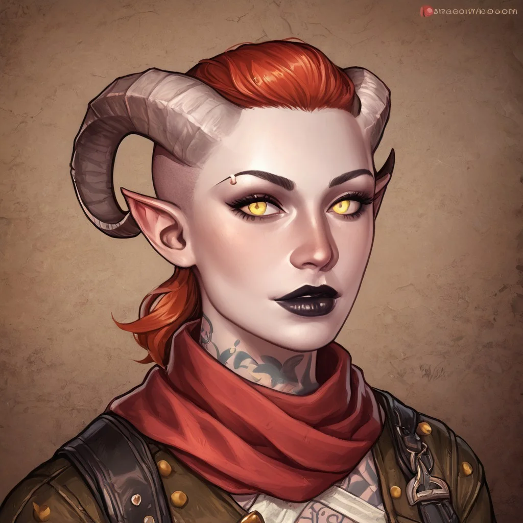 (((beautiful, high quality, perfect eyes, comics style, semi-realistic, perfect hands, detailed face))), score_9, score_8_up, score_7_up, BREAK solo, 1girl, 33y woman, (Tiefling, pointed ears, curved horns), ((pale gray skin:1.1)), ((hooked nose)), muscular, tattoos, fiery red hair, medium hair, unruly shaved side, Black lips, eyeshadows, yellow eyes, (flirting), BREAK a rogue wearing black torn coat, multiple belts, bandages, backpack, hood up, scarf, fantasy background, medieval inn, easynegative, JIM EIDOMODE, Dungeons and Dragons 5th edition style illustration
