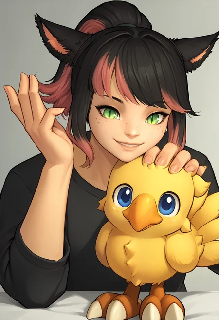 score_9, score_8_up, score_7_up, source_anime, 1girl, 1other, <lora:clamXIVMC_v20:1> 1girl, xivmc, animal ears, two-tone hair, ponytail, green eyes, slit pupils, freckles, cat tail, smile, bending down, petting animal, BREAK <lora:Cute_Chocobo:0.8> ch0c0b0, yellow feathers, orange beak, blue eyes, yellow wings, yellow tailfeathers, bird feet, chibi, bird, white talons, yellow bird tail