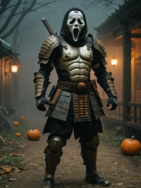 (wide angle photography:1.2), (whole body:1.5), shot, (full body photo:1.1), realistic analog photo, night time, midnight, dark, darkness, ghost vibes,
samurai in the armor, Ghostface Baller face, (dark shot:1.17), epic realistic, faded, ((neutral colors)), art, (hdr:1.5), (muted colors:1.2), hyperdetailed, (artstation:1.5), cinematic, warm lights, dramatic light, (intricate details:1.1), complex background, (rutkowski:0.8), (teal and orange:0.4),((full body:1.9)), by Blizzard entertainment, (massive armor) with pumpkin symbols on plates, big armor, large samurai armor:1.9, wearing samurai helmet, low light, facing camera, big muscles, muscled body, badass, badass style, steam punk, lot of details, detailed armor, large shoulders, large arms, large, limbs, half side portrait, ((dark background)), (night time), dark shadow, katana on his back, yoroi armor, pumpkins in background, halloween
, (mysterious atmosphere:1.1), (low luminosity:1.2), in the dark, obscurity, (mist:1.3), 
, realistic, depth of field, highres, 4k, 8k, intricate detail, amazing quality, wallpaper, <lora:RMSDXL_Enhance:1>, <lora:perfect-eyes:0.8> <lora:001-Ghst:1>, realistic skin texture, detailed skin pores, skin hair, skin looks real, hi rez skin details