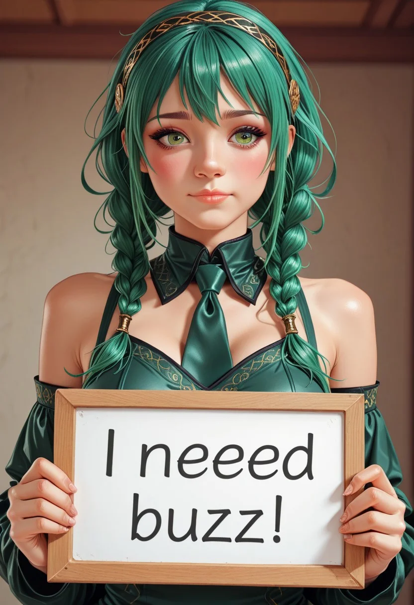 high_quality, highres, detailed_eyes, beautiful, detailed, masterpiece, best quality, absurdres, 8k, HDR,
 1girl, blush, green eyes, hairband, multicolored hair, necktie, twin braids, zh4o_styl3, need_buzz, holding sign, zhao190,<lora:nikichen:1> nikichen style,