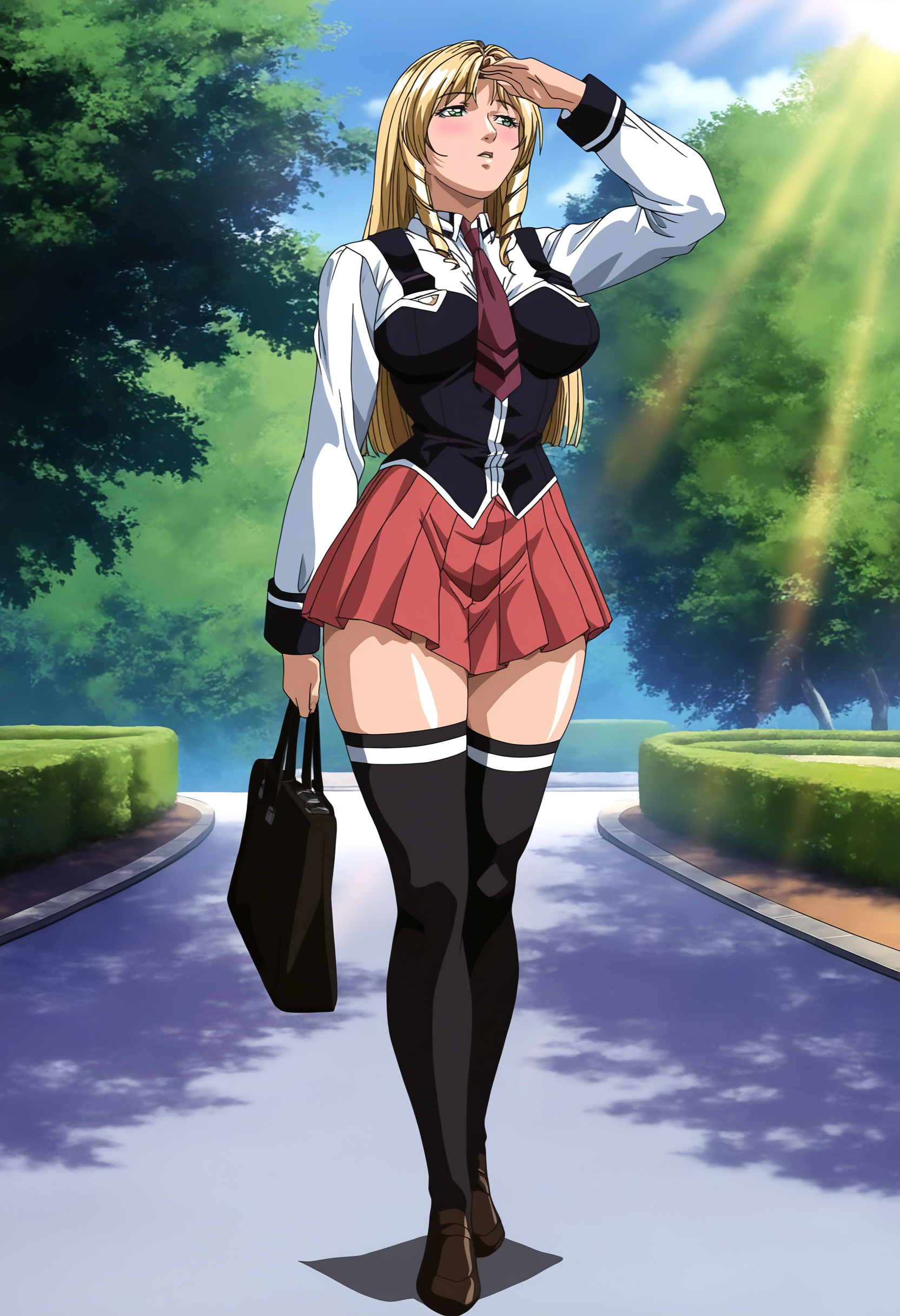 masterpiece, best quality, highres, absurdres,  bloom, shadow, 
1girl, shiraki rika, full body, walking, shading eyes, holdiing bag,
looking to the side, parted lips, blush, half-closed eyes, wavy hair, 
blonde hair, long hair, green eyes, drill sidelocks,
thick thighs, shiny skin, large breasts, curvy, 
white shirt, red necktie,  vest, suspenders, red skirt, pleated skirt, black thighhighs, white trim, loafers, 
outdoors, day, blue skies, tree, sidelighting, sunlight, garden, building, park, road
 <lora:Shiraki Rika 3216 NoobAIXL Vpred:1>