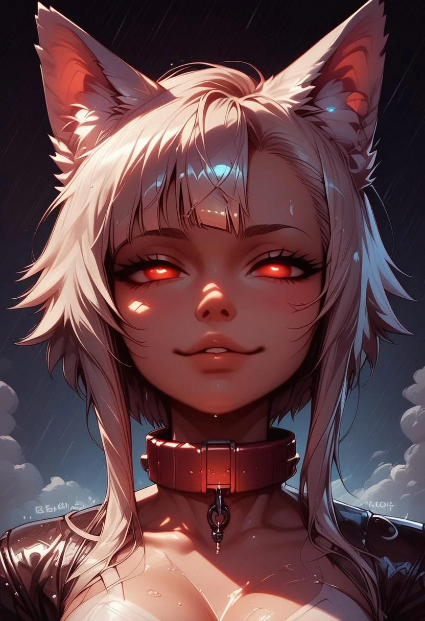 Score_9_up, score_8_up, score_7_up, score_6_up, source_anime, low angle, Expressiveh, EyesHD, g0thicPXL, close up, portrait, focus eyes, face focus, extreem close up, portrait of face,
BREAK;
Ana the werewolf, small tits, small tight ass, short hair, white hair, wolf ears, red eyes, split iris, detailed eyes, white skin, colored skin, smug,
BREAK;
Ana is wearing white leggings, white elbow sleeves, red nail polish, tiny mini brown leather jacket, with gold metal, fingerless white gloves, red collar, cybernetic jewelry, single robot arm, mechanical joints,
BREAK;
The background is a cyberpunk alley, brick wall, graffiti, glowing graffiti, dark, nightfall, intricate, photograph, cyberpunk theme, dystopian future city, neon signs, rain, wet, detailed background, neon lights, cinematic lighting, atmospheric, neon haze, vaporwave glow, wet pavement reflection, rain, chromatic aberration, lens flare, ambient smoke, bokeh lights, film grain, diffused lighting, ghostly light trails, moody perspective.