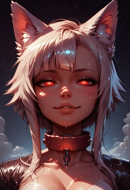 Score_9_up, score_8_up, score_7_up, score_6_up, source_anime, low angle, Expressiveh, EyesHD, g0thicPXL, close up, portrait, focus eyes, face focus, extreem close up, portrait of face,
BREAK;
Ana the werewolf, small tits, small tight ass, short hair, white hair, wolf ears, red eyes, split iris, detailed eyes, white skin, colored skin, smug,
BREAK;
Ana is wearing white leggings, white elbow sleeves, red nail polish, tiny mini brown leather jacket, with gold metal, fingerless white gloves, red collar, cybernetic jewelry, single robot arm, mechanical joints,
BREAK;
The background is a cyberpunk alley, brick wall, graffiti, glowing graffiti, dark, nightfall, intricate, photograph, cyberpunk theme, dystopian future city, neon signs, rain, wet, detailed background, neon lights, cinematic lighting, atmospheric, neon haze, vaporwave glow, wet pavement reflection, rain, chromatic aberration, lens flare, ambient smoke, bokeh lights, film grain, diffused lighting, ghostly light trails, moody perspective.