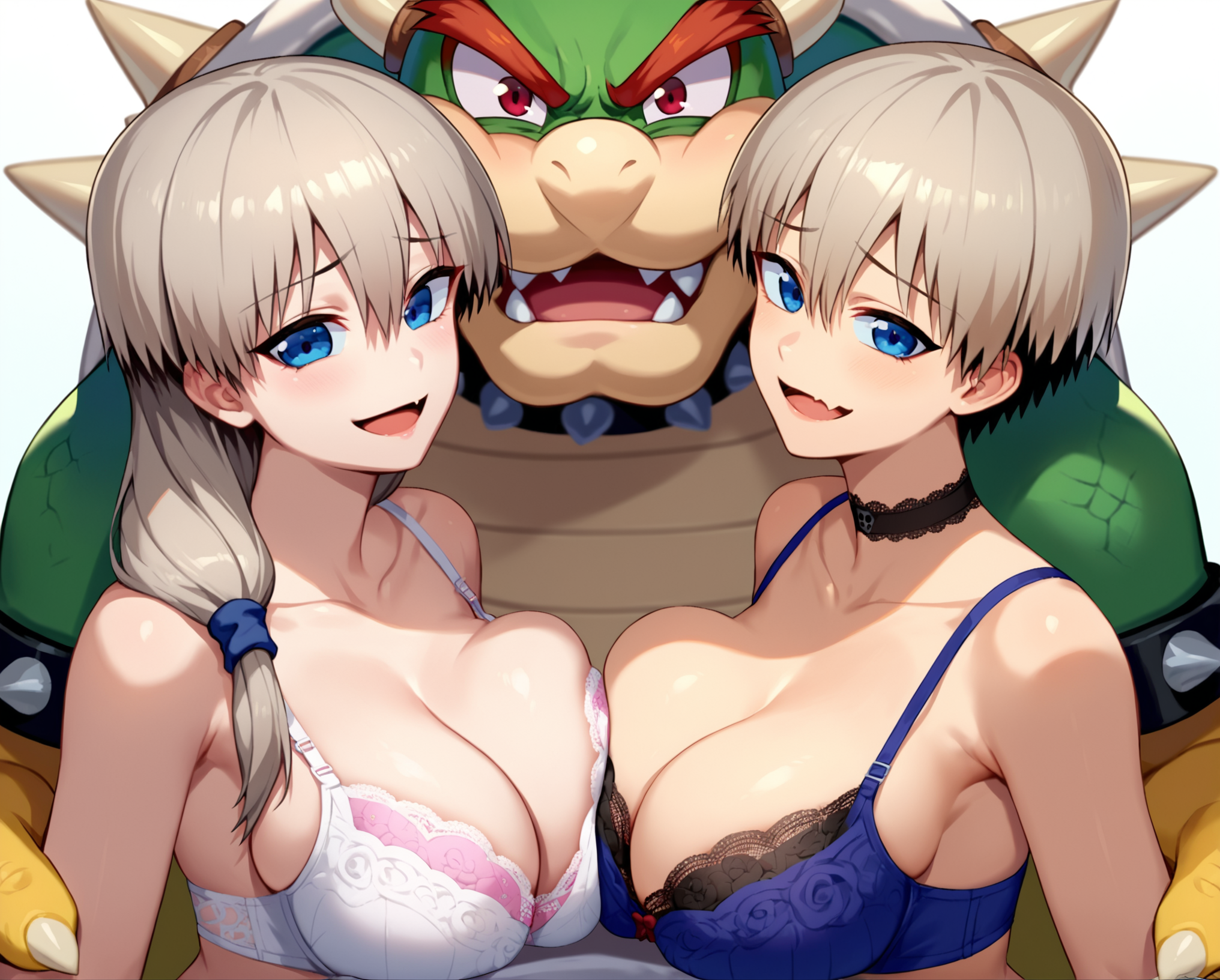 score_9, score_8_up, score_7_up, source_anime BREAK 2girls, 1boy, uzaki hana, uzaki tsuki, standing, upper body, smile, large breasts, perky breasts, cleavage, bra, lace, choker, <lora:Girl_Sandwich_2girls_1boy:0.6>, 2girls1boy, breast press, male face out of frame, bowser, monster and girls, looking at viewer, rating_questionable