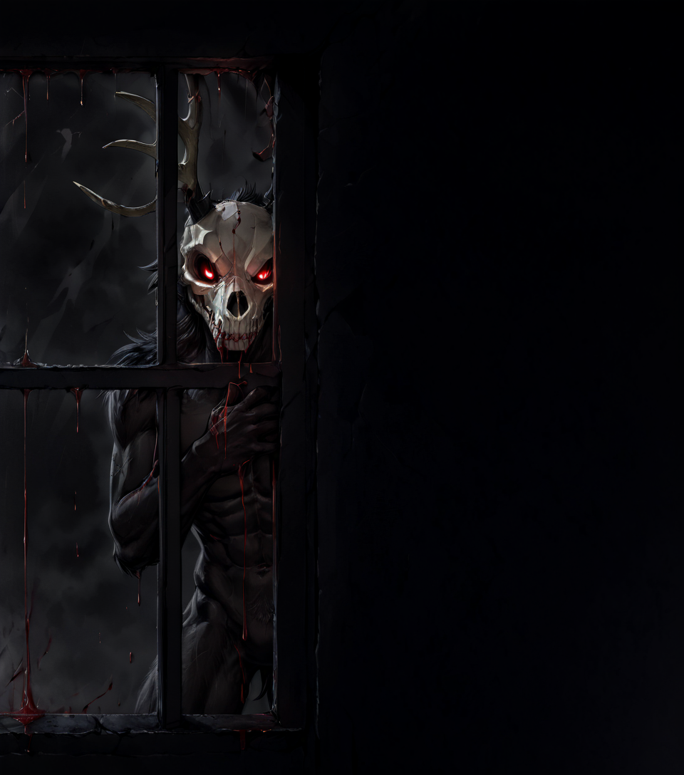 score_9, score_8_up, score_7_up, score_6_up, source_monster, BREAK, ((((outside of window)))),  glass, (outside glass), closed window, three quarter view, looking in, close up, window fog, (closed mouth), blood, (scratched window), claw mark on window, ((((darkness)))),(pitch black), night time, ((obscured by darkness)), glowing eyes in darkness, barely visible, hidden, hiding, blackest black, black background, (w3ndigo), (glowing eyes),  skull face, antlers,  sharp teeth, black skin,<lora:Wendigo for PonyXL:0.6>, <lora:SDXL_Black_Sa_May:2>