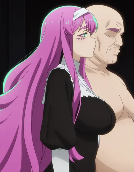 masterpiece, best quality, amazing quality,, <lora:sister-gigant-s1-illustriousxl-lora-nochekaiser:1>, sister gigant, long hair, very long hair, green eyes, pink hair, facial mark, mature female, breasts, anime screencap, <lora:faceless-ugly-man-illustriousxl-lora-nochekaiser:1>, faceless ugly man, faceless, ugly man, fat, faceless male, fat, bald, mature male,, ,