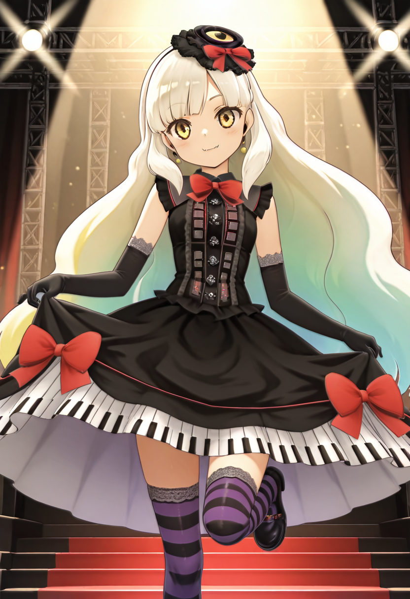 masterpiece, best quality, 1girl, solo,   zzMayu, gothic dress, corset, striped thighhighs, elbow gloves, stage background, standing on piano keys, music notes swirling, spotlight, giant ribbon bow, bat-wing hair accessory, confident pose, tilted head, one leg lifted, smile with fangs, magical glow, concert lights, rich purple and black theme      narrow waist,  , <lora:MAYULoveLogic_IXL:1.0>,