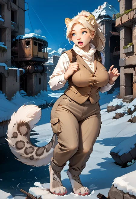 score_9, score_8_up, score_7_up, female explorer accidentally transforming herself into a busty feral snow leopard, (solo, 1girl, swirling pink DonMM4g1cXL magic, woman morphing into snow leopard, sfw, safe for work, paws, busty feral, quadruped, feline nose, feline teeth, feline eyes). human face:0.75, snow leopard transformation, ponytail, snow leopard girl, anthro, blue eyes, (surprised, hot, aroused, covered breasts, hunting vest, stretched vest, hunter vest, beige vest, beige cargopants, beige cargo pants, tight pants, large breasts, bottom heavy, thick thighs, splitting seams, splitting pants), motion lines, sound effects, laboratory, ruins, vest, sexy, wide hips, (fluffy tail, snow leopard tail, busty feral, quadruped), perfect tits, large breasts, furry, sexy, breast expansion, hip expansion, feral legs
