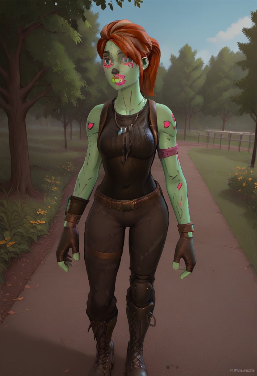 masterpiece,best quality, highly detailed, score_9, score_8_up, score_7_up, score_6_up, 
BREAK, 1girl, Gh0ulTr00per, green skin, boots, colored skin, gloves, ponytail, tank top, brown hair, tattoo, facepaint, necklace, jewelry, standing, park, outdoor, solo, half body, face focus