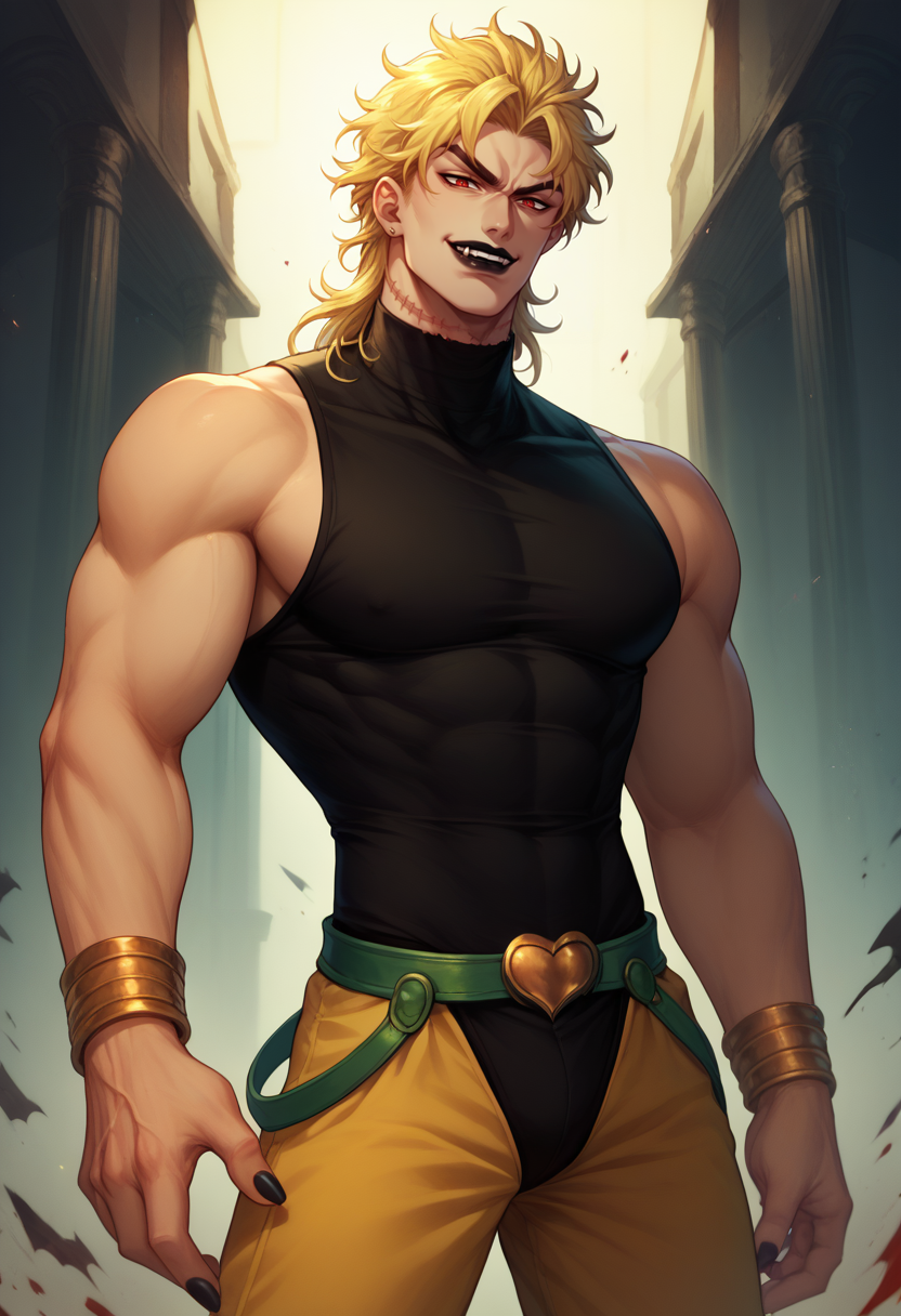 score_9, score_8_up, score_7_up, <lora:DioBrando_pdxl_Incrs_v1:1>, dioBrando, 1boy, blonde hair, male focus, red eyes, muscular male, fangs, sleeveless turtleneck leotard, lipstick, evil smile, vampire, bracelet, jewelry, yellow pants, stitches, scar on neck, black nails, black lips,